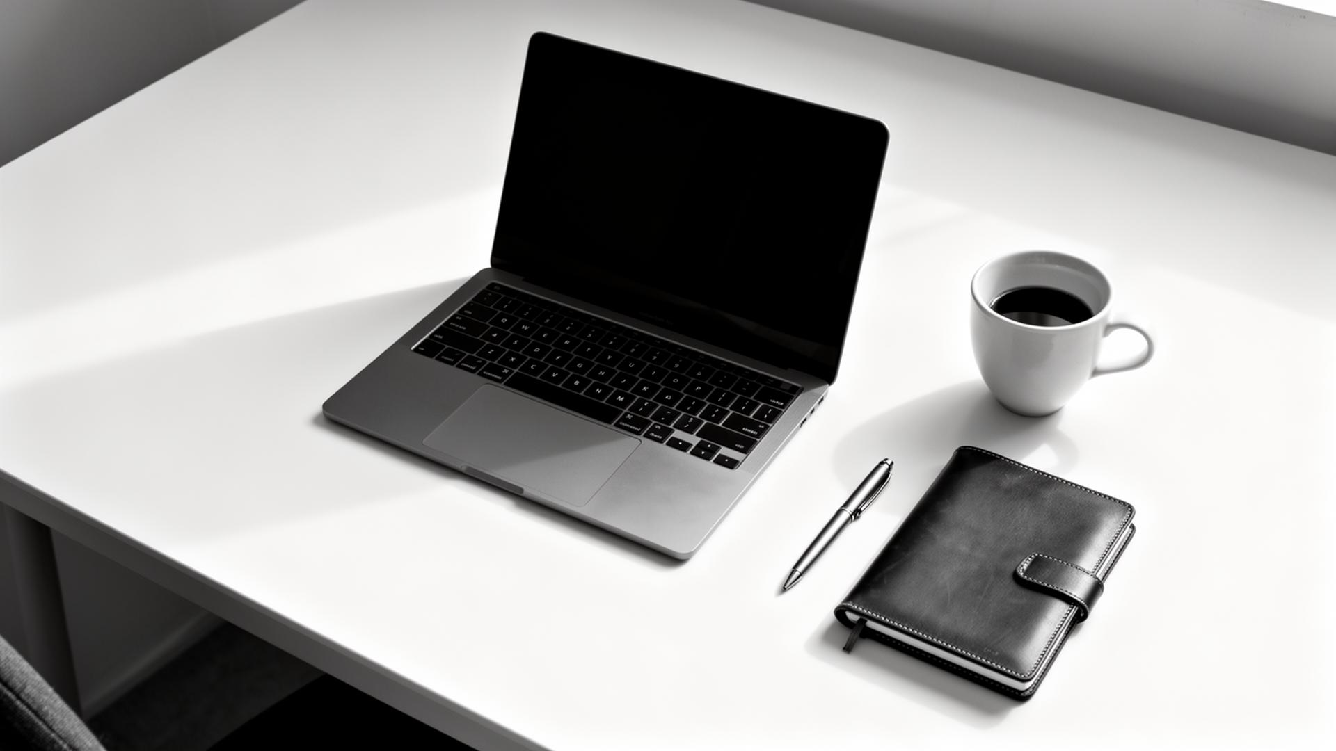 Minimal desk with laptop and notebook