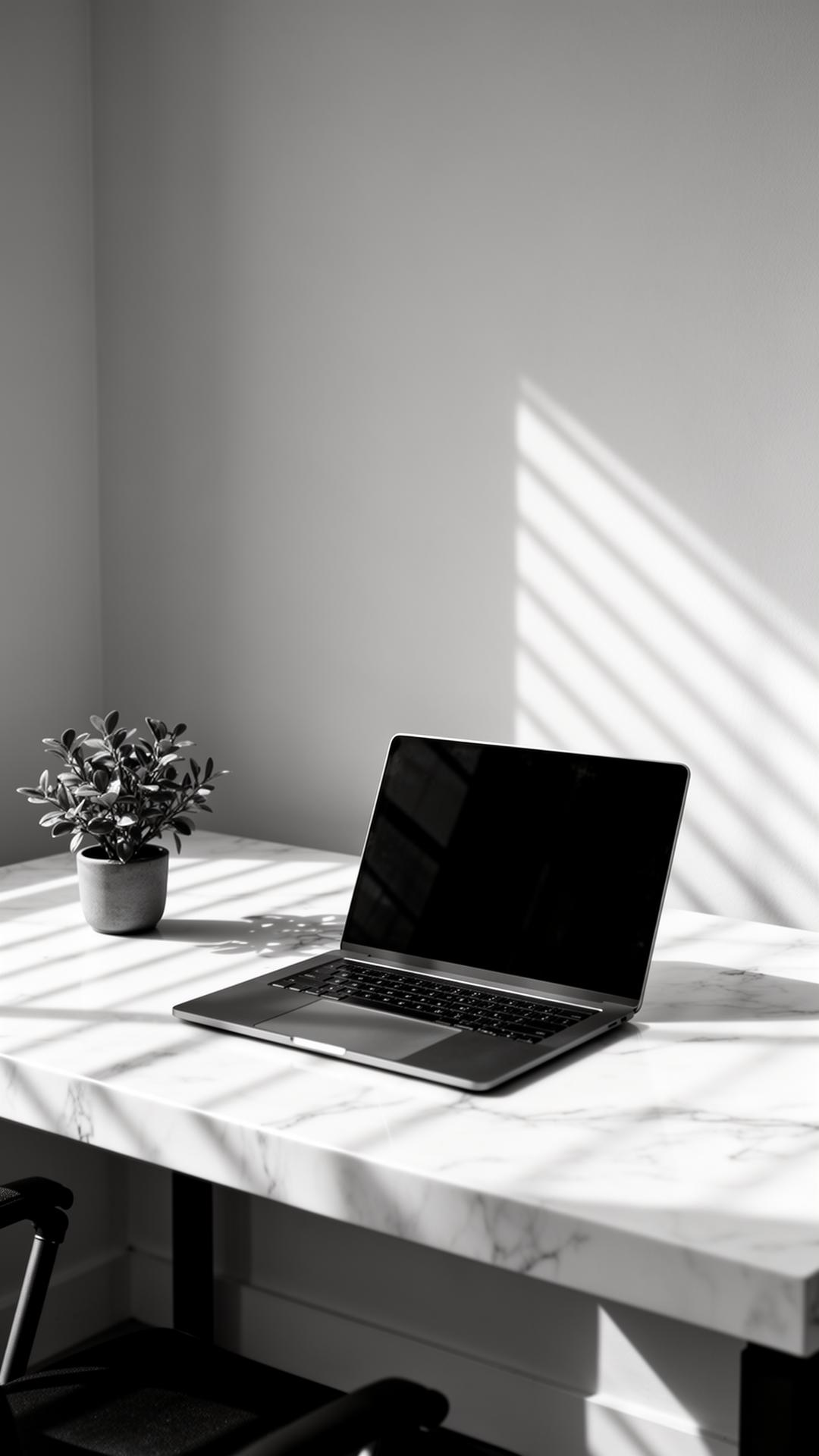 Minimal workspace with laptop on a marble desk